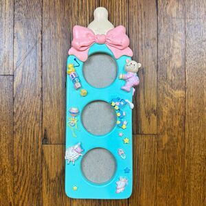 Russ Baby Bottle Triple Photo Frame Nursery Blue Pink White Bow Unisex